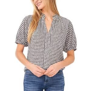 CeCe Women's Ruffled V Neck Raglan Gingham Black Puff-Sleeve Blouse Size Small